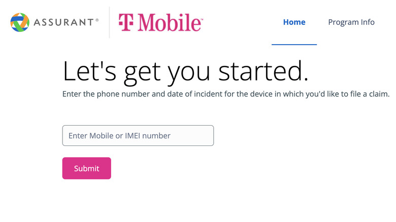 T-Mobile webpage to file claim