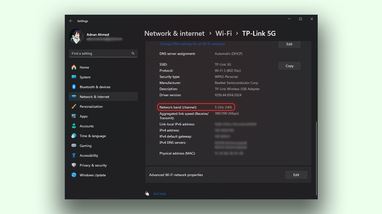 Connected to a 5 GHz network on a Windows computer