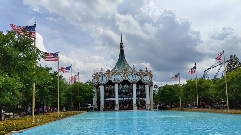 A carousel on a cloudy day