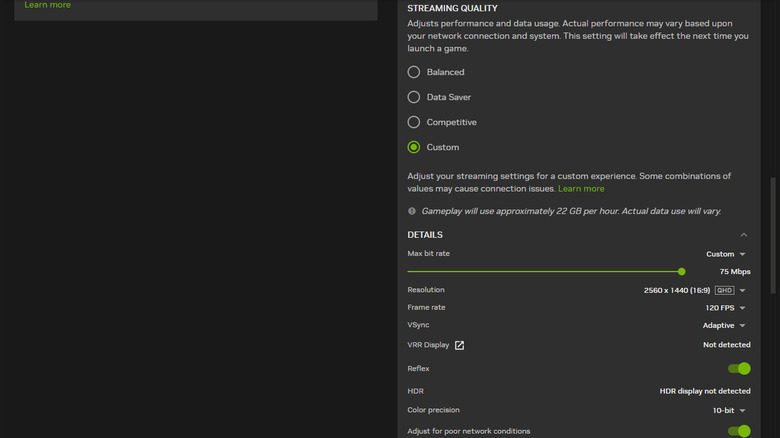 Settings in Nvidia GeForce Now desktop