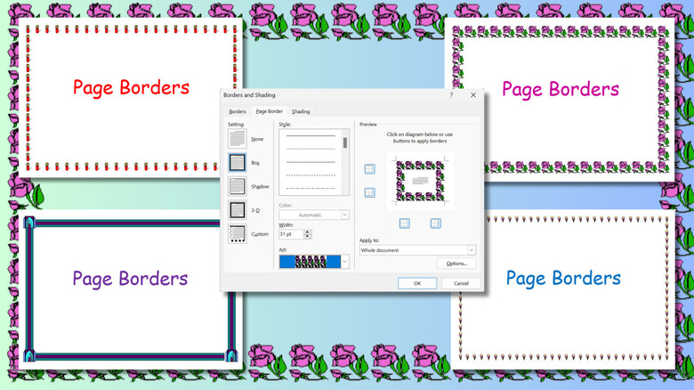 Screenshots showing four different page border art options - sticks of dynamite, rose, Art Deco border and ice cream cones. In the middle a screen shot showing the Microsoft Borders and Shading window. The background is blue with the pink flower art border.