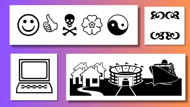 Screenshots of Wingding and Webding images showing a smiley face, thumbs up, skull and crossbones, flower, yin yang symbol, decorative scroll, computer monitor and keyboard, and webdings house, stadium and ship.