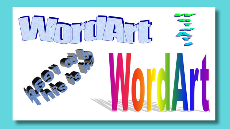 A picture showing the words "WordArt" in three of the styles described in the text plus the words "This is hard to read" in blue text that in looped round in a circle.