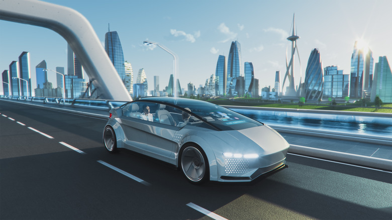 Autonomous vehicle on a highway with futuristic city in the background