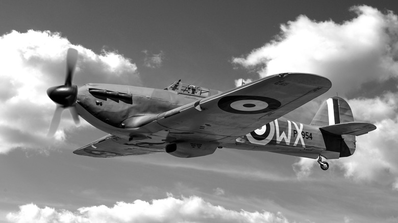 Hawker Hurricane in air black and white picture