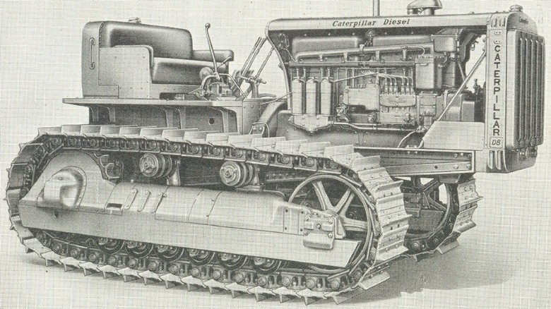 Black and white sketch of Caterpillar D8 tractor