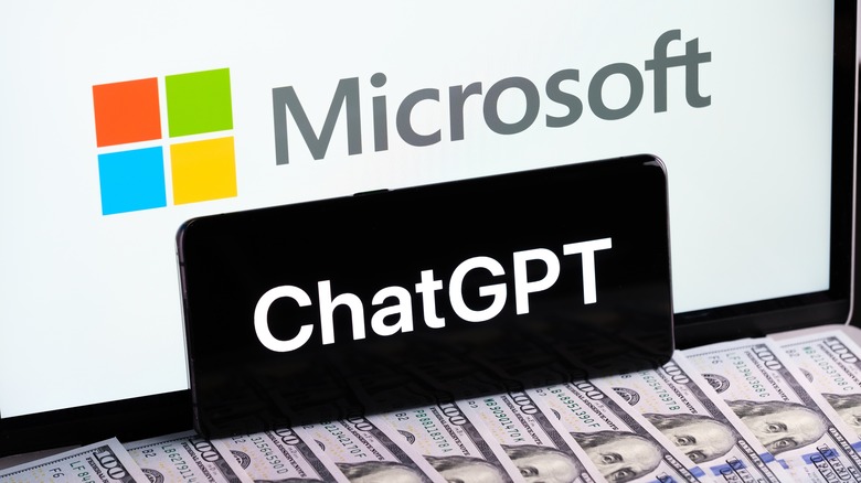 The microsoft and ChatGPT logos on a bed of money