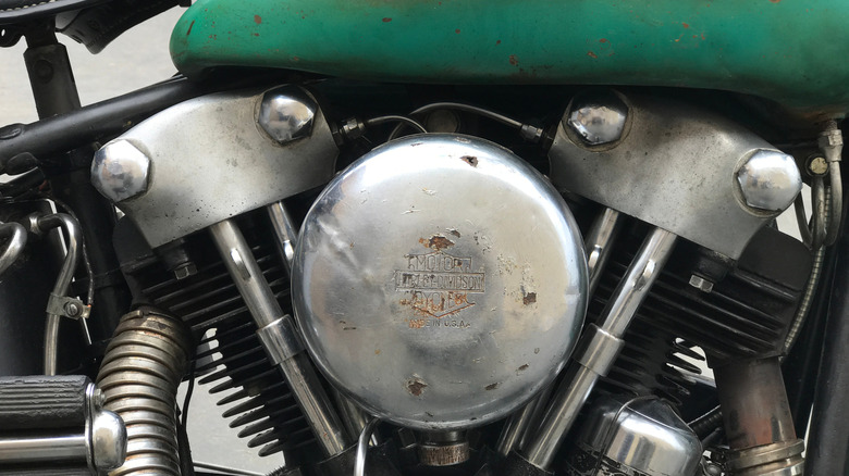 A close up of a Harley-Davidson knucklehead engine