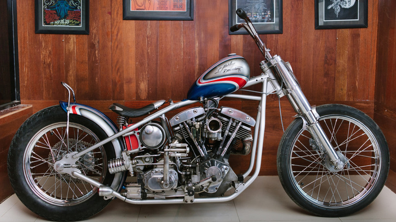 A custom Harley-Davidson with shovelhead engine.