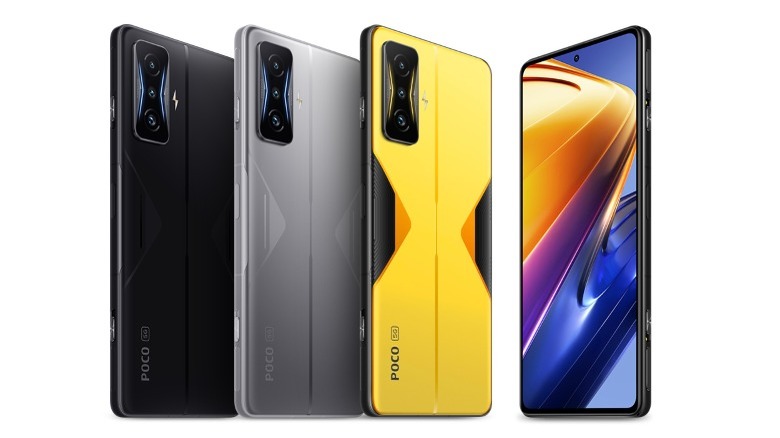 The POCO F4 GT in yellow, silver, and black