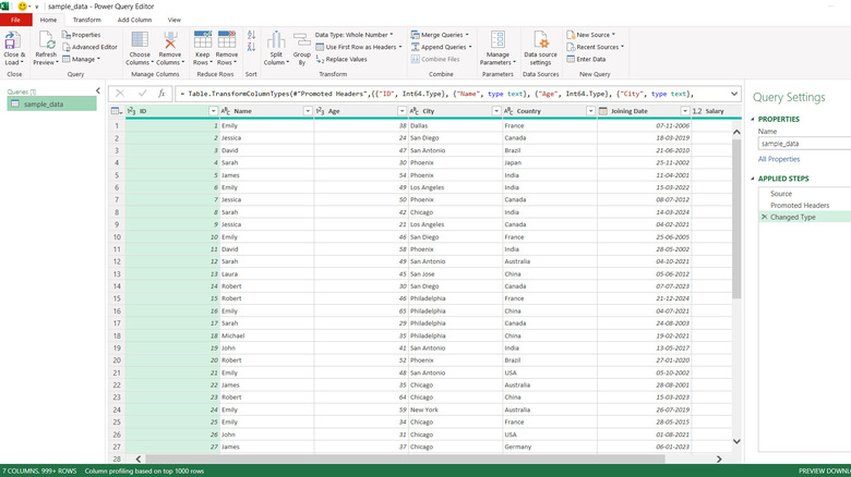 Power Query Transformation Window