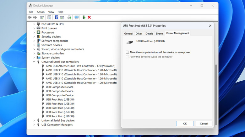 Device Manager window with USB Root Hub properties dialog