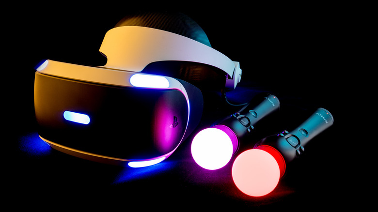 A PSVR headset and controllers lit up