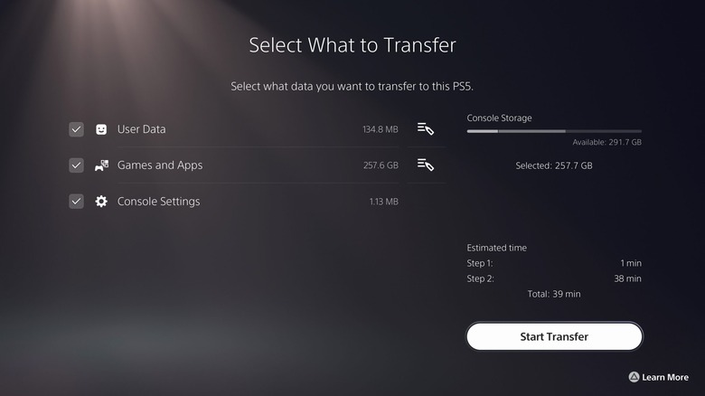 PS4 to PS5 data transfer screen