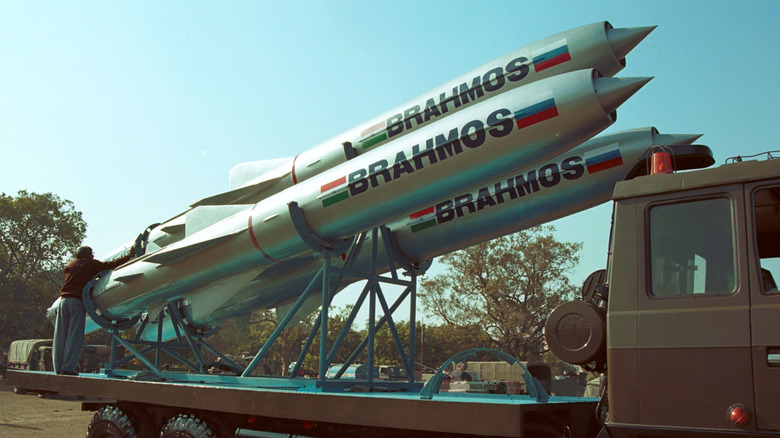 Brahmos missiles mounted on a truck bed