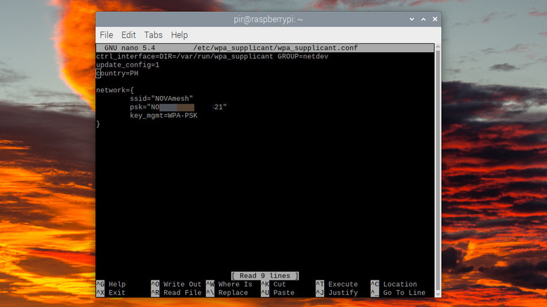 Raspberry Pi terminal showing wpa_supplicant.conf file