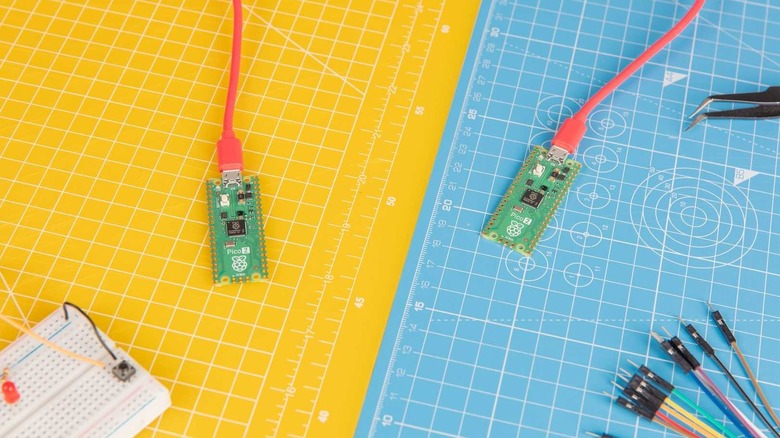 Two Raspberry Pi Pico 2 boards on different colored mats