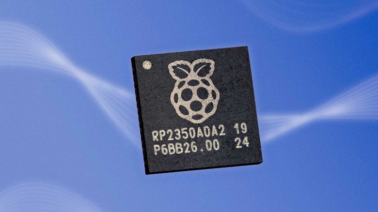 Raspberry Pi RP2350 microcontroller chip with blue-violet background