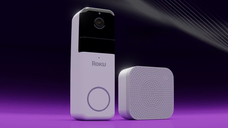 A Roku branded black and white doorbell with a smaller seperate chime