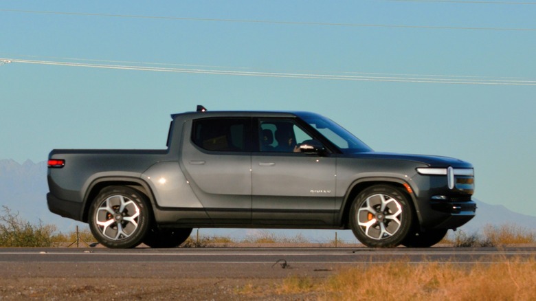 Rivian R1T driving desert