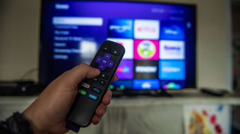 person holding roku remote