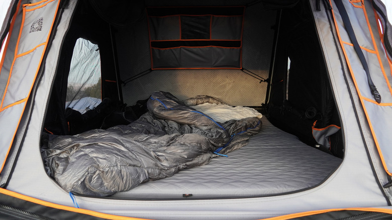 Roofnest Condor Overland 2 on Ford Ranger FX4 interior with sleeping bag and pillow