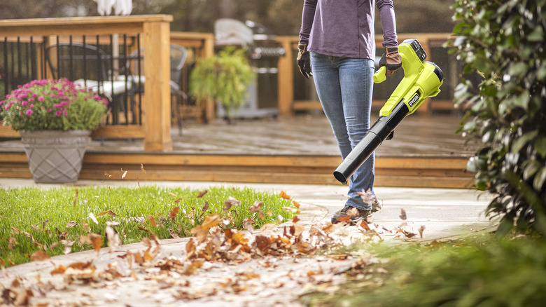 Person using 18V Ryobi blower on leaves on sidewalk