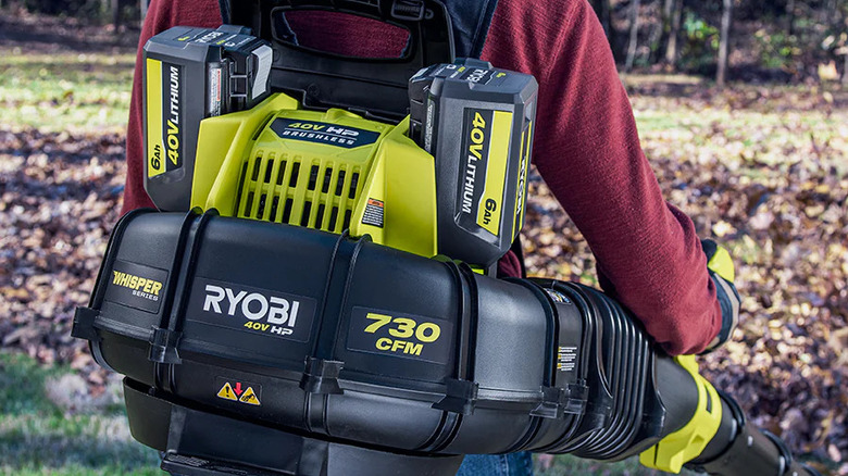 Person using Ryobi leaf blower with two 40V batteries attached