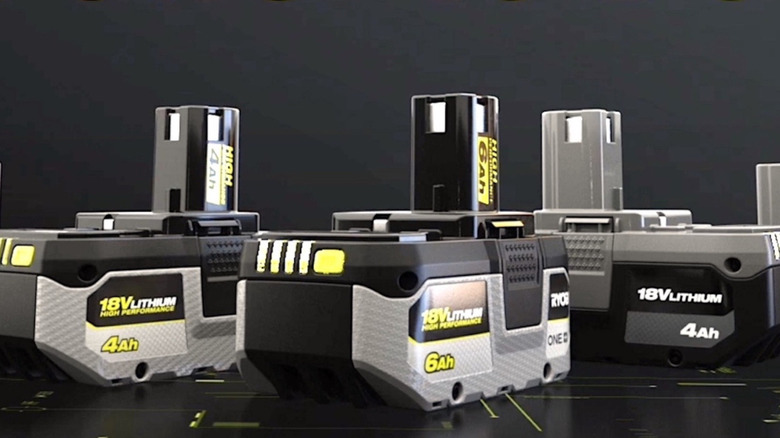 Array of Ryobi High Performance Lithium Ion batteries on display