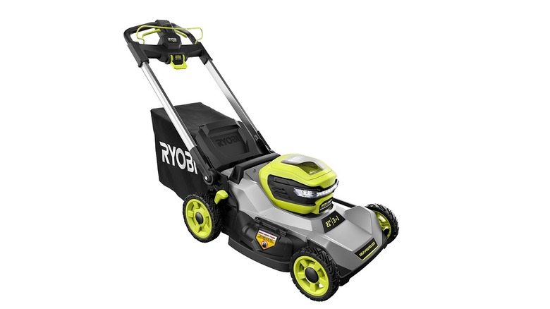 RYOBI 40-Volt Brushless 21″ Cordless Walk-Behind Mower on white background