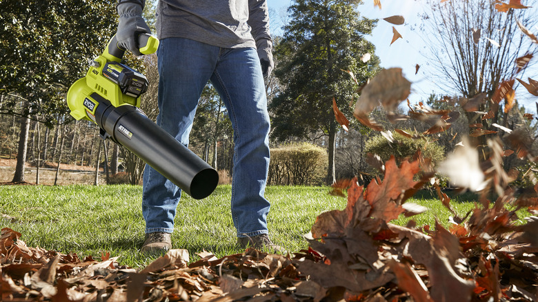 Man blowing leaves away with Ryobi blower