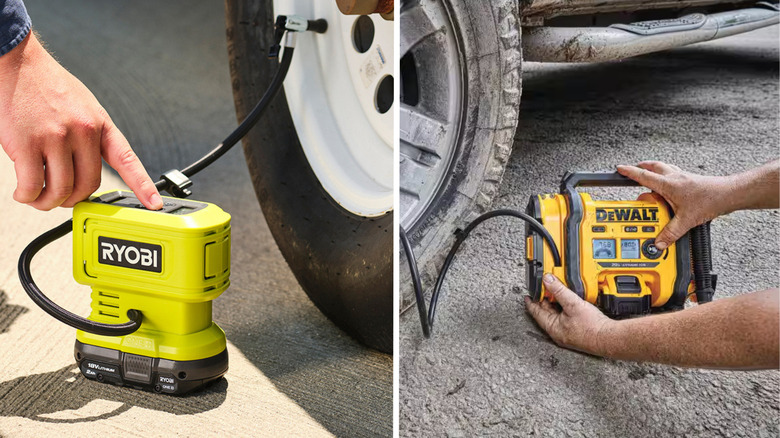 Two tire inflators being used on a tire side by side