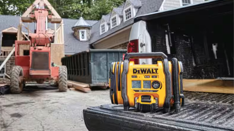 DeWalt inflator sitting on truck tailgate