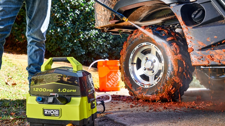 Ryobi pressure washer spraying tire