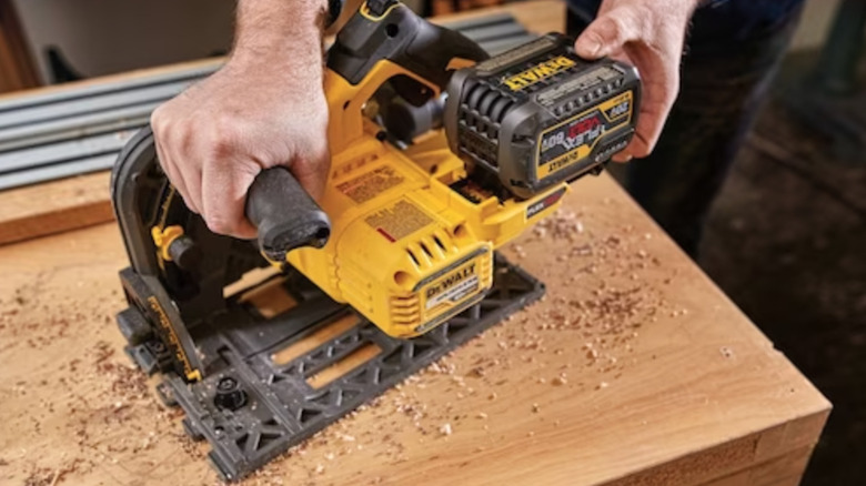 DeWalt track saw in use on piece of wood