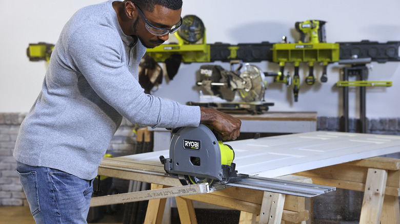 Ryobi track saw in use