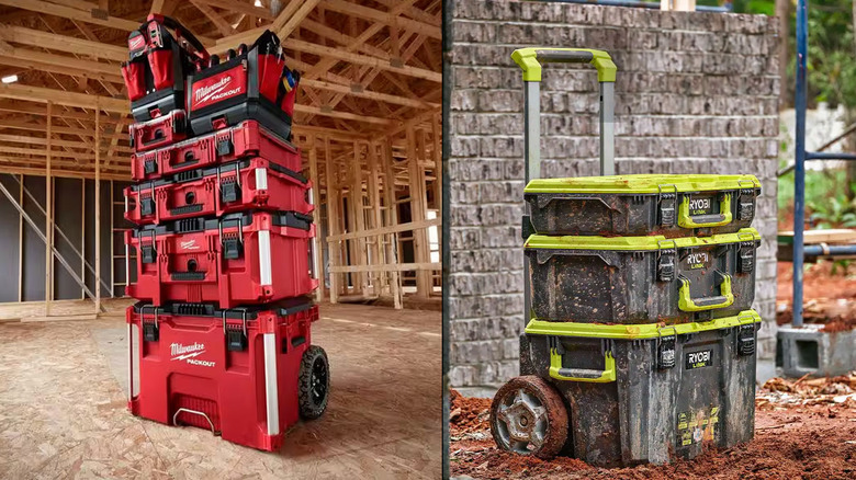 Milwaukee Packout Ryobi Link rolling toolboxes with woods in the background