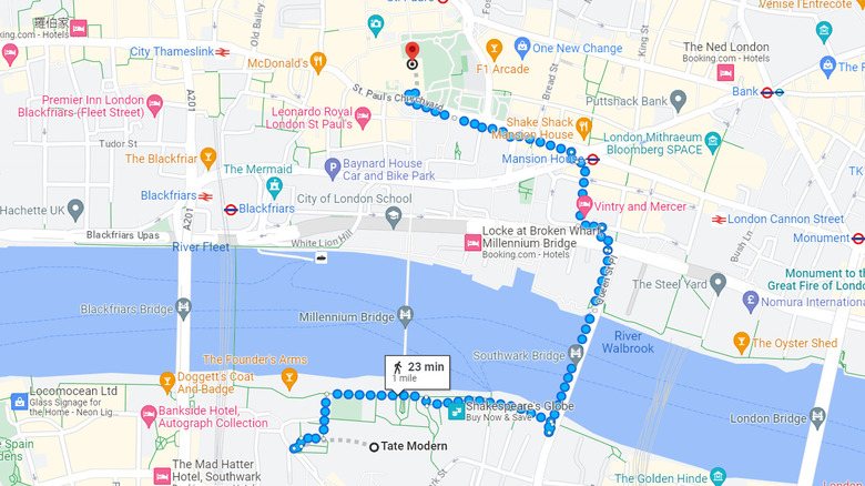 Adjusted walking route from Tate Modern to St Pauls Cathedral