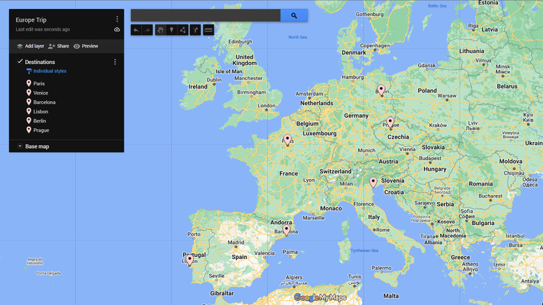 My Maps mockup with European destinations