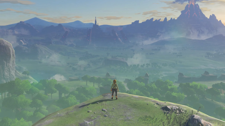 Breath of the Wild staring down at the landscape from a mountain