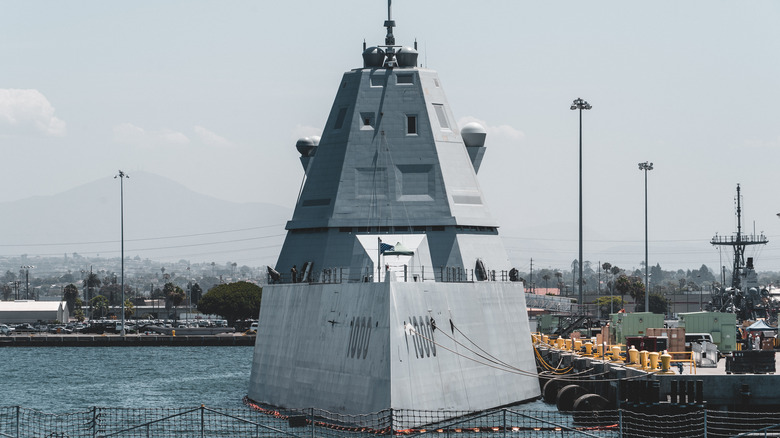 USS Zumwalt destroyer in harbor