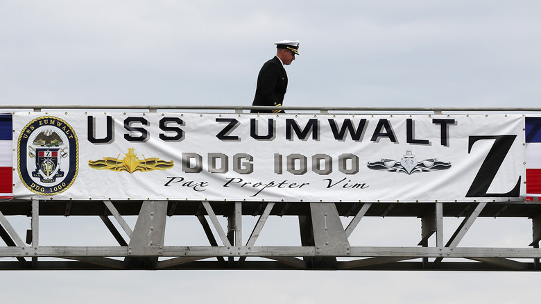 Captain James A. Kirk walks onto the USS Zumwalt