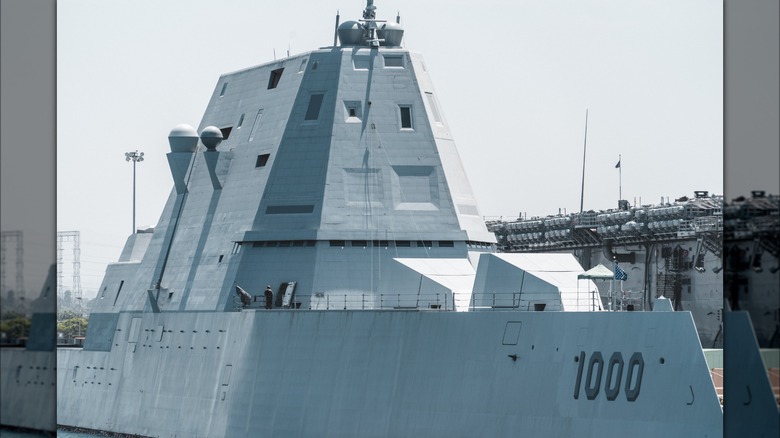 USS Zumwalt destroyer in harbor