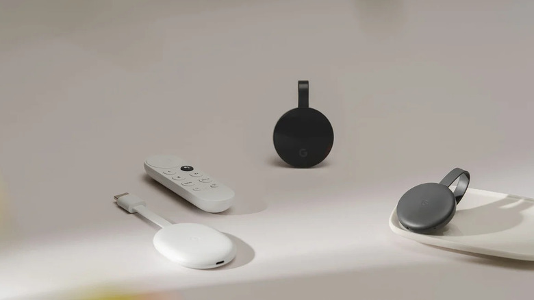 Various Chromecast products arranged for display