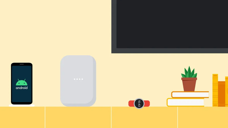 Animated picture of Android phone, Nest Audio, and Pixel Watch