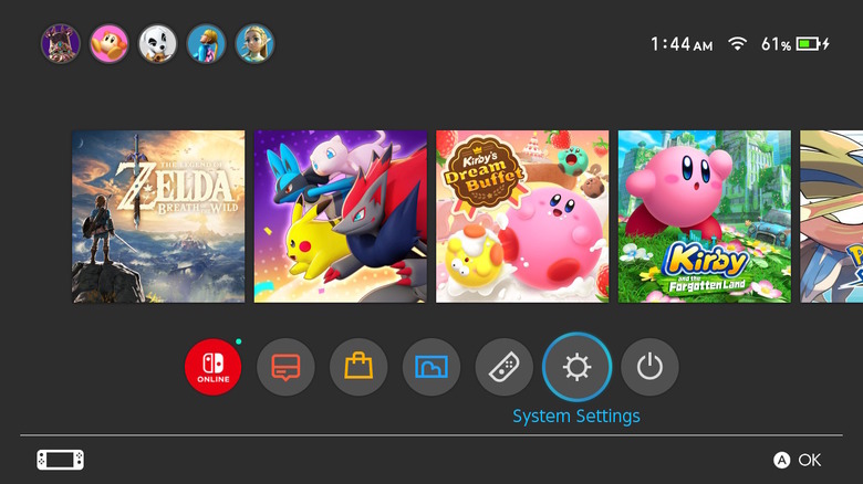 The Nintendo Switch home screen in dark mode.