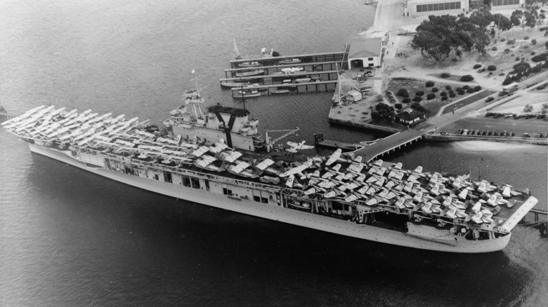 USS Yorktown loading aircraft 1940