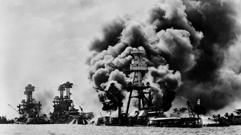 battleships ablaze at Pearl Harbor