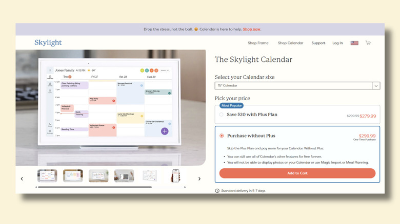 Screenshot of the Skylight Calendar website price page showing the 15 inch calendar for $299.99