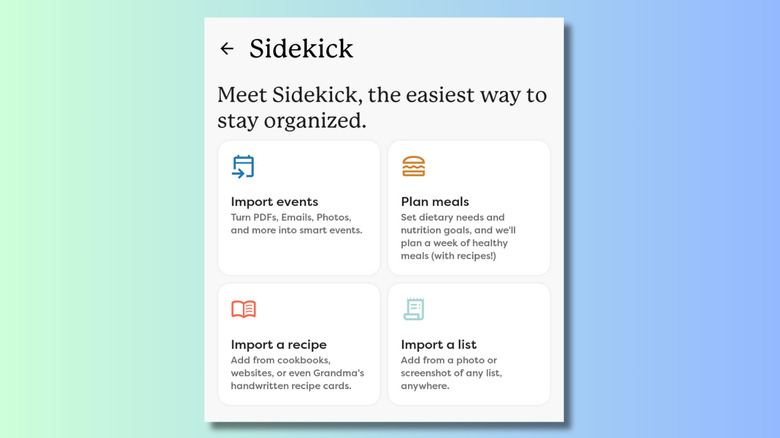 Image showing a cropped screenshot of the Skylight phone app, displaying the Sidekick options - Import events, Plan meals, Import a recipe, Import a list